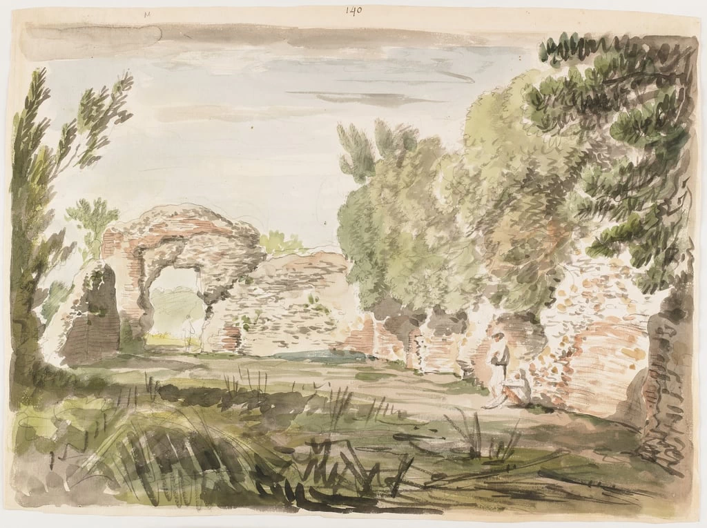 Paesaggio con alberi, rovine e figure